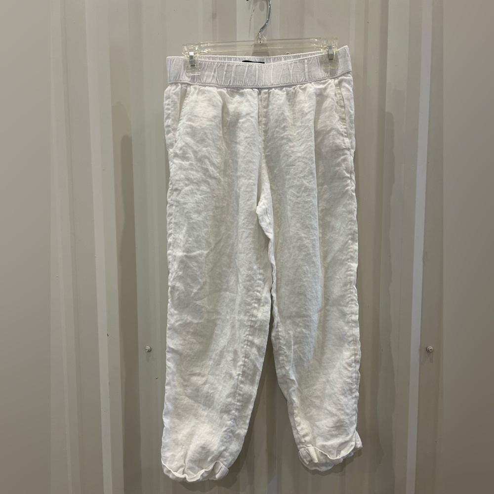 100% Linen White Cropped Loose Pants Small